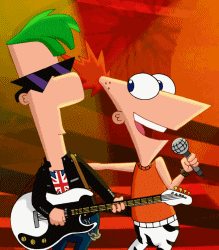 Phineas singing and Ferb playing the guitar